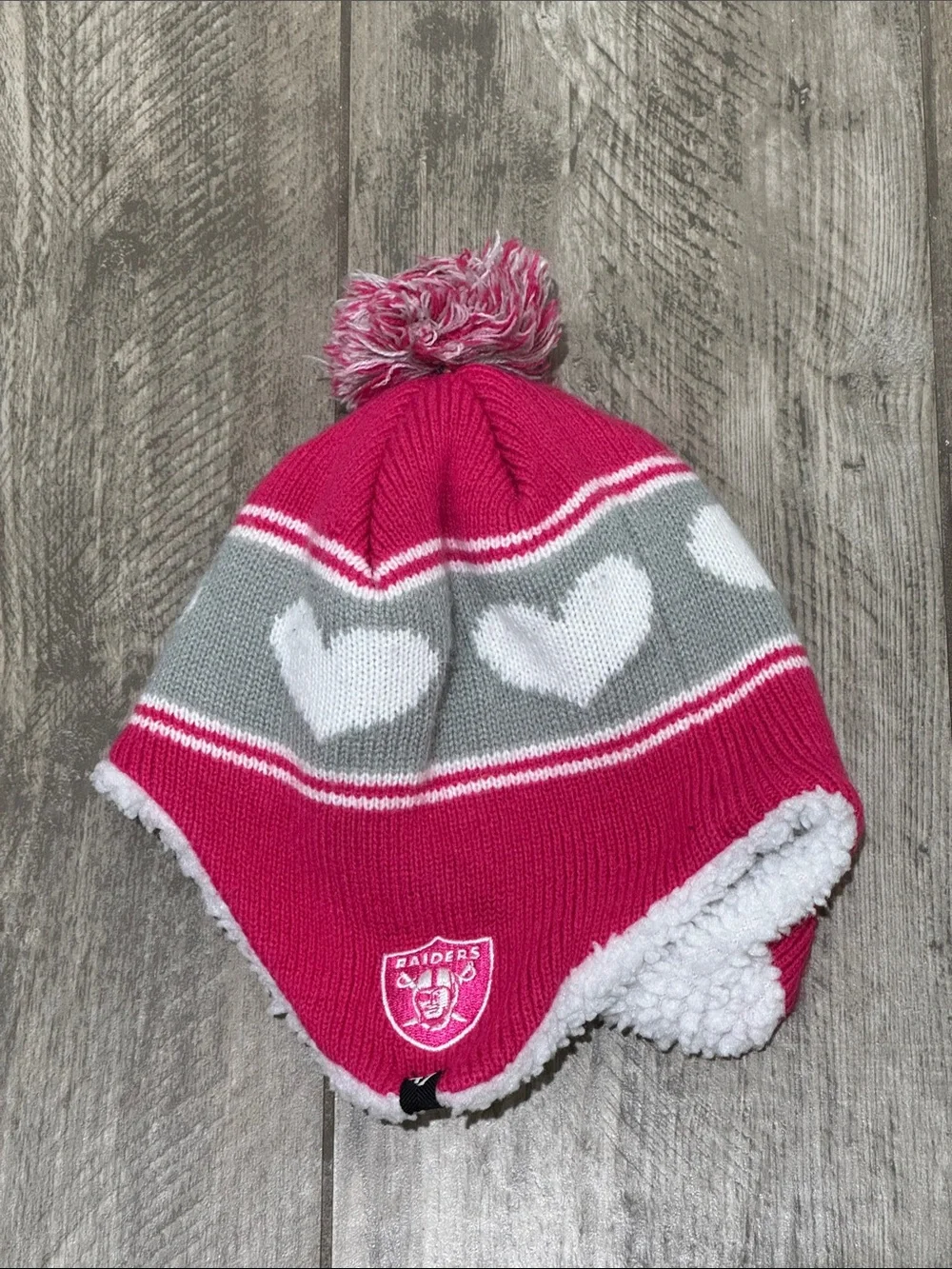 Raiders NFL Pink and Gray Heart Earflap Beanie with Pom Pom